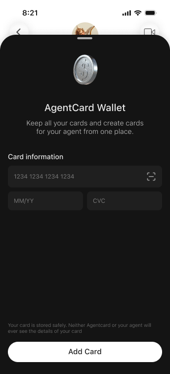 The Agentcard Wallet "Add Card" screen inside an iMessage thread, with fields for card number, expiry, and CVC, and an "Add Card" button.
