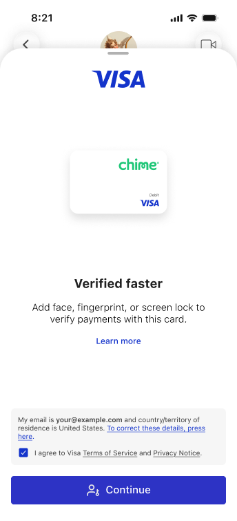 The card-provisioned confirmation screen showing the added card, a "Verified faster" prompt offering face, fingerprint, or screen-lock verification, a terms-of-service consent checkbox, and a "Continue" button.