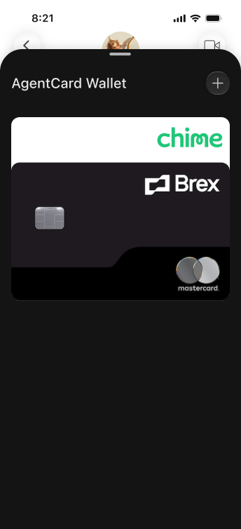 The customer's Agentcard Wallet listing their added cards as stacked card tiles.