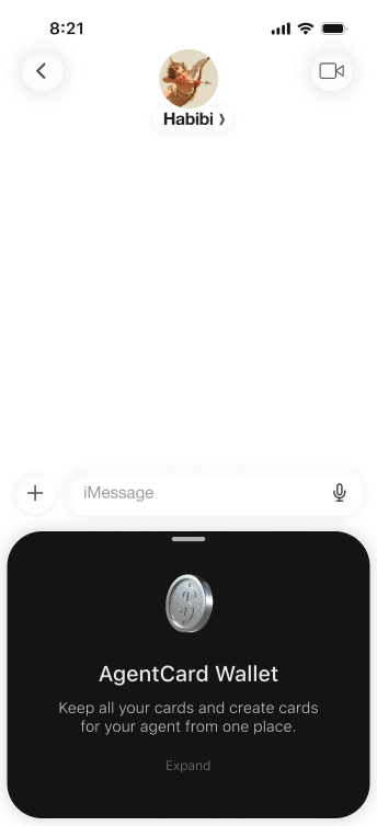 The Agentcard Wallet intro card inside an iMessage thread, inviting the customer to keep all their cards and create cards for their agent in one place.