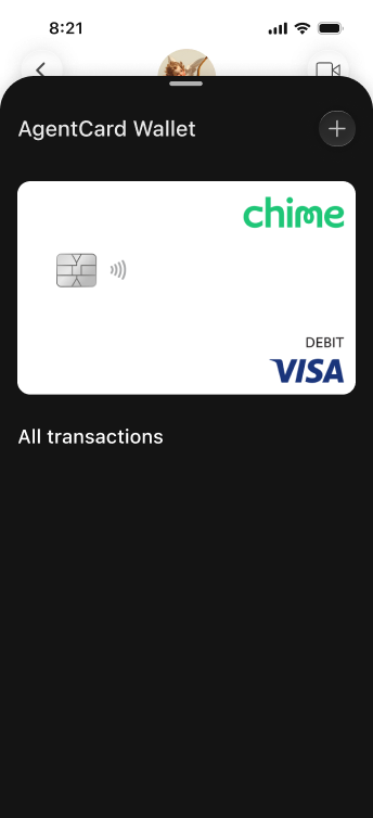 The Agentcard Wallet "All transactions" view listing the customer's card activity.