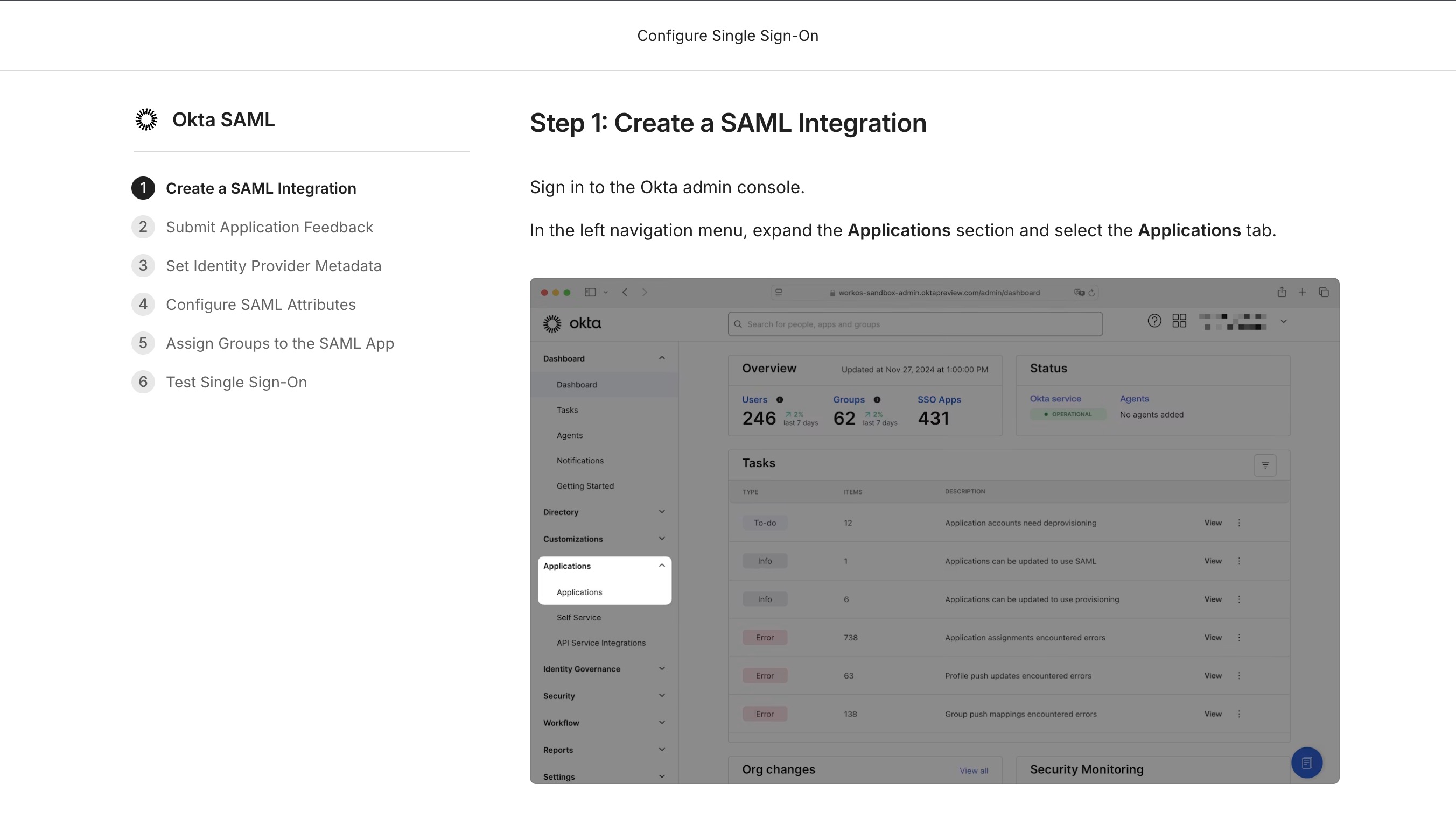 The Okta SAML setup wizard showing a numbered step list — Create a SAML Integration, Submit Application Feedback, Set Identity Provider Metadata, Configure SAML Attributes, Assign Groups to the SAML App, Test Single Sign-On — with detailed instructions for the current step alongside a screenshot of the Okta admin console.